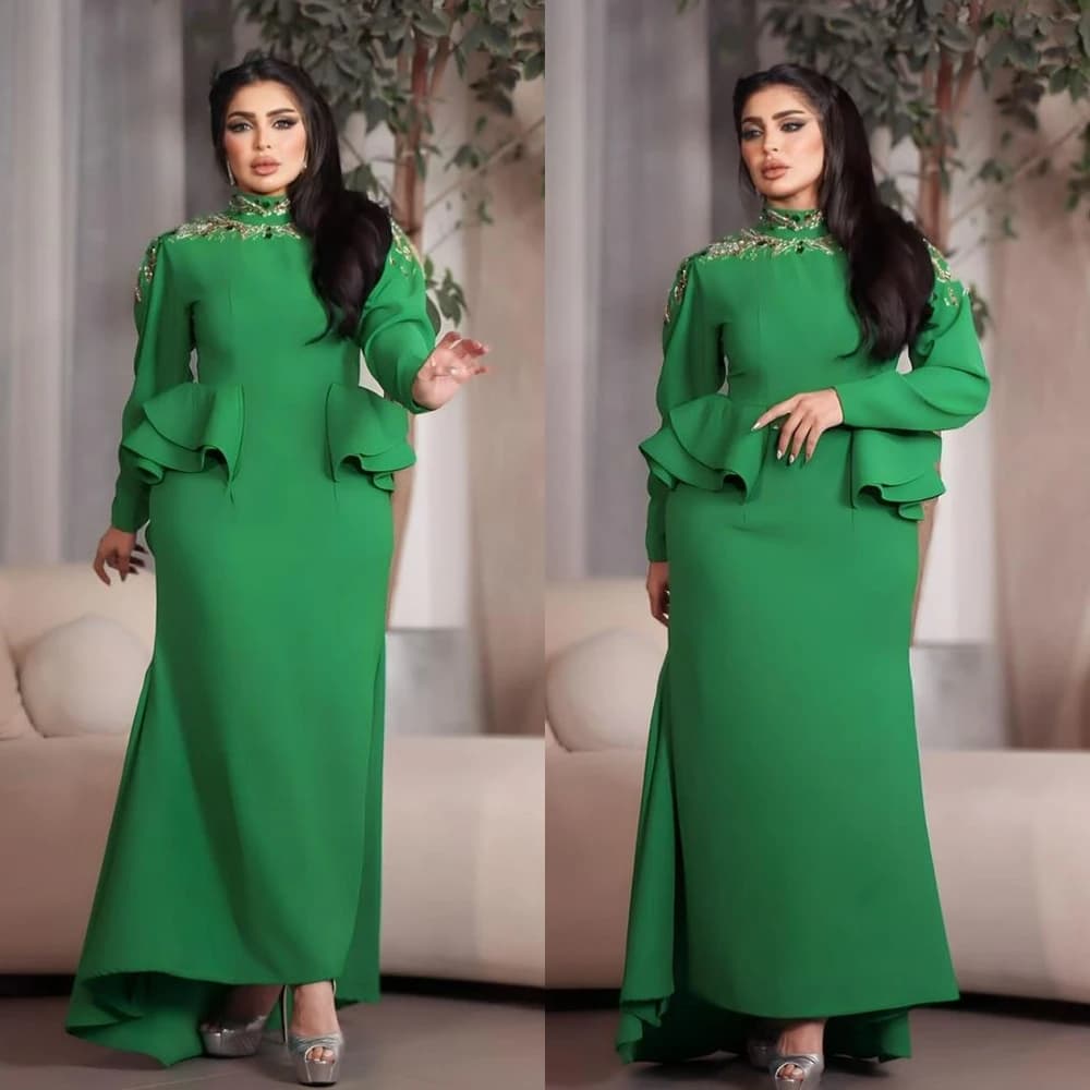 Customized Exquisite Formal High collar A-line Beading Sequined Floor-Length Satin Bespoke Occasion Dresses Evening