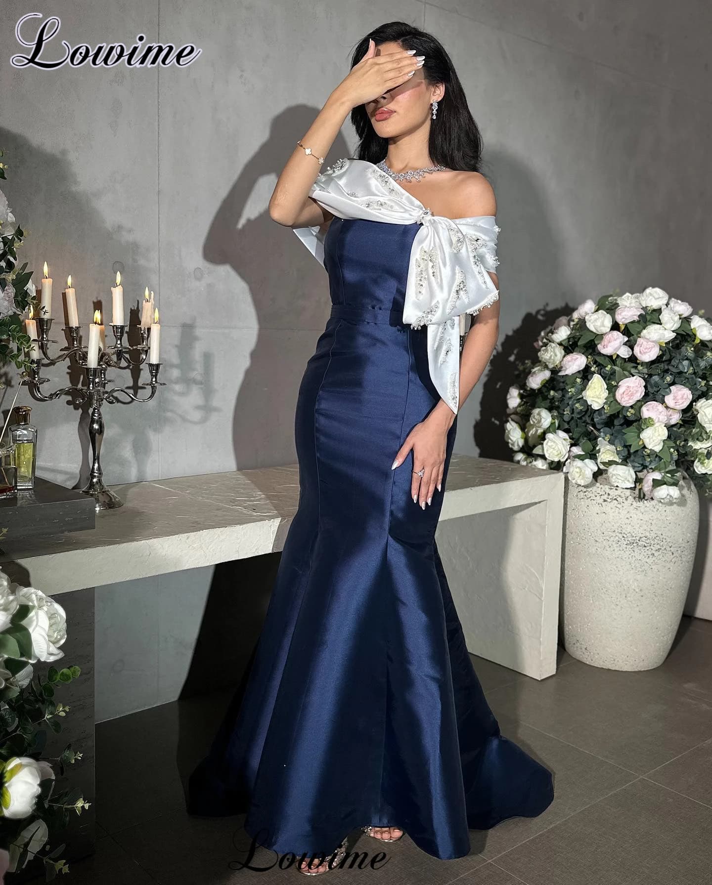 Navy Blue Mermaid Cocktail Dresses Strapless Off Shoulder Prom Dresses Simple Arabic Evening Party Dresses Vestidos De Cóctel