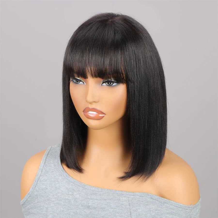 Yaki Women's Straight 3x1 Bob Wig with Bangs Brazilian Human Wig Women's Natural Color 100% Human Hair Wig Short Bob Wig