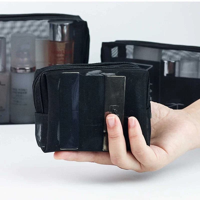 Mesh Cosmetic Bag Portable Travel Makeup Bag Black Breathable Mesh Zipper Bag Suitable for Home Office Travel Accessories Storag