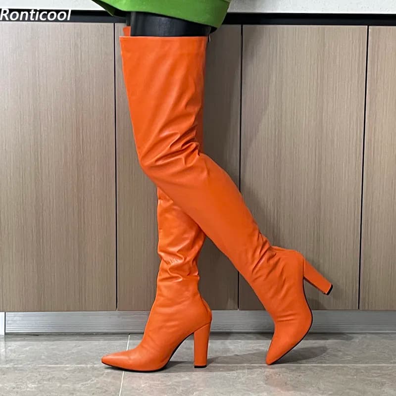 Ronticool Handmade Women Winter Thigh Boots Faux Leather Chunky Heels Pointed Toe Orange Club Shoes Us Plus Size 5-15