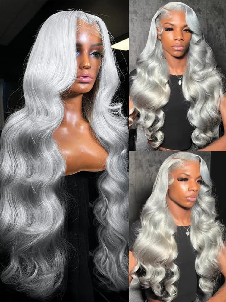 Silver Grey Body Wave Human Hair Wigs Brazilian Ash Grey Color 13x6 HD Lace Frontal Wig 250 Density Pre Plucked Natural Hairline