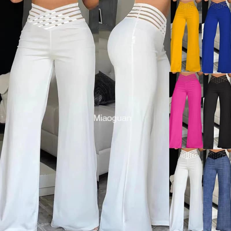 Women Elegant White Flared Pants Casual High Waist Wide Leg Trousers Crisscross Sheer Mesh Patch Pant Solid Chic Female Clothes