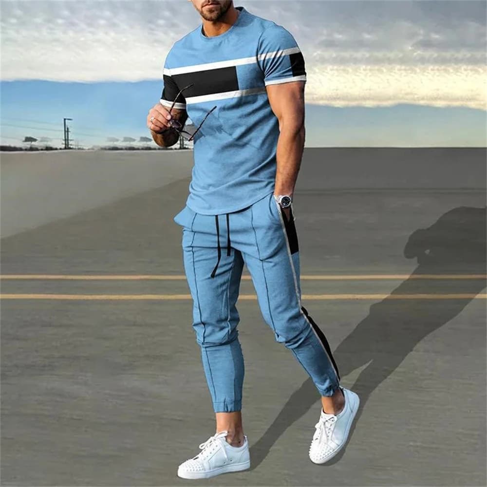 Summer Male Loose Casual Printing T-shirt Elastic Waist Pants Set Men Short Sleeve Street Style Pullover Tee Sweatpants Homme