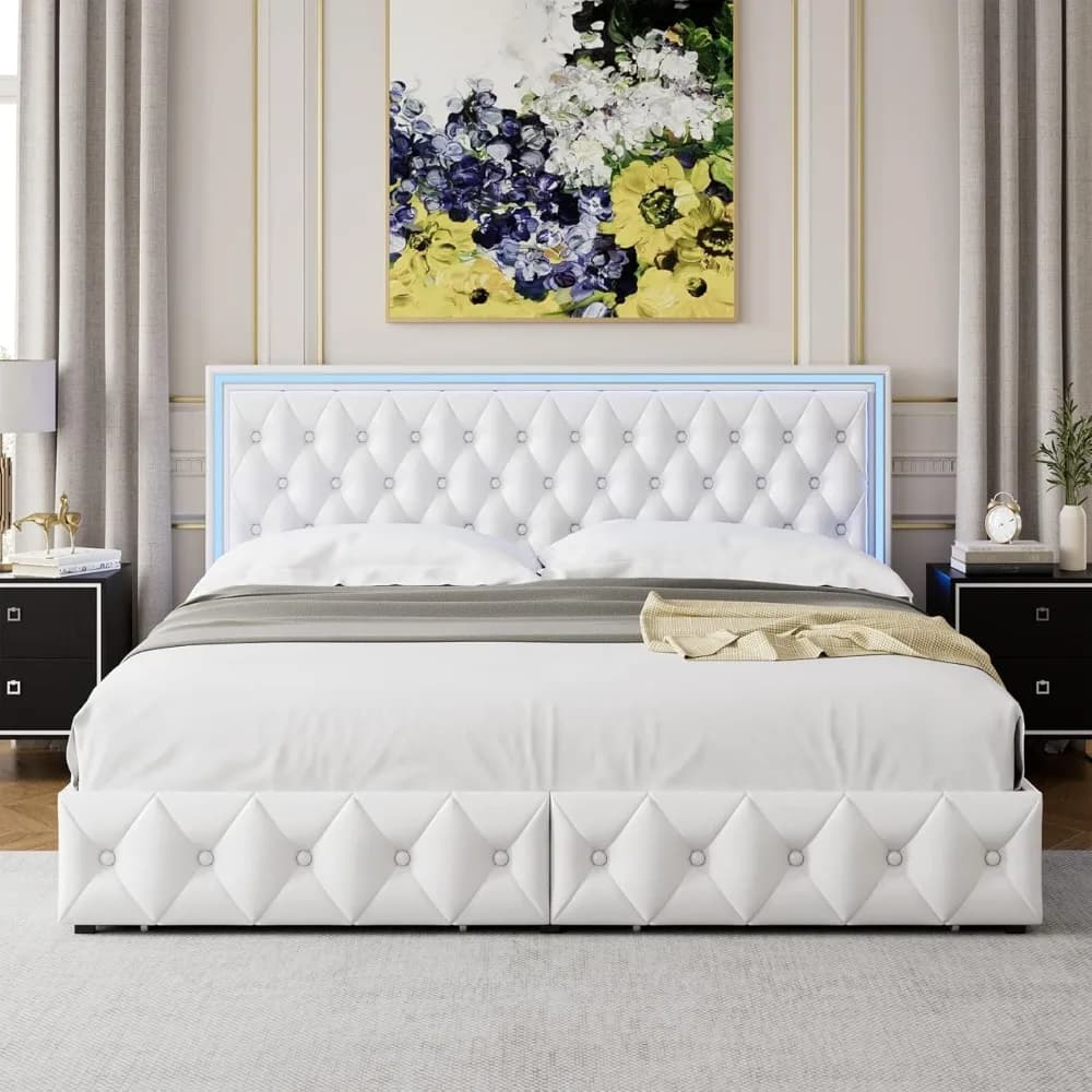Full Upholstered LED Bed Frame with 4 Drawers, Pu Leather Platform Storage Bed with Adjustable Button Tufted Headboard White