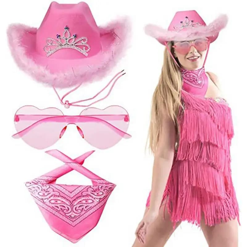 Cowboy Hats For Women Bright Colors Felt Cowgirl Hat For Women Attractive Party Supplies Polyester Square Scarf Heart Glasses