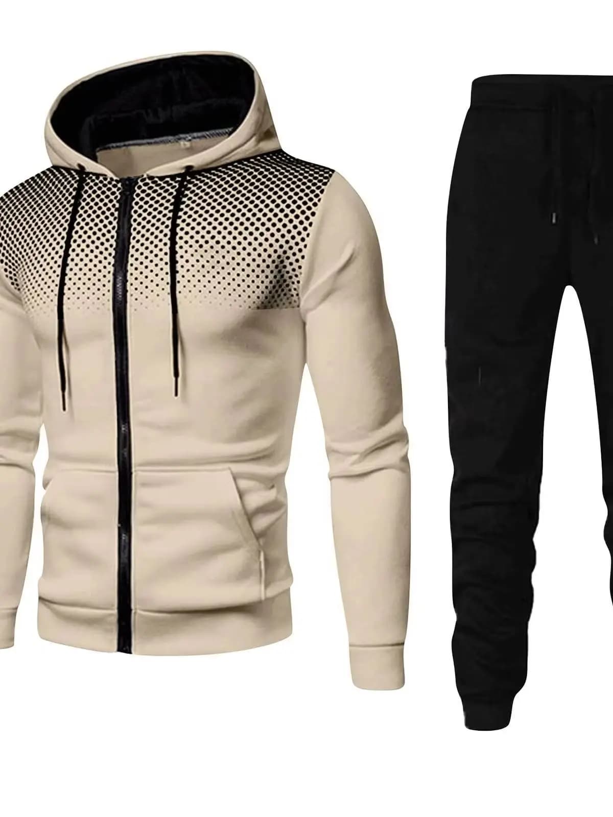 Men's Fashion Print Tracksuit Zipper Hooded Sweatshirt & Sweatpants Casual Fitness Jogging Sports Two-Piece Set