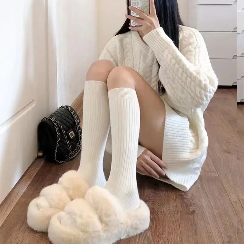 Lolita Accessories Autumn and Winter Women's Knitted Socks Solid Color Vertical Bar Warm Knee Length Socks Harajuku Fashion