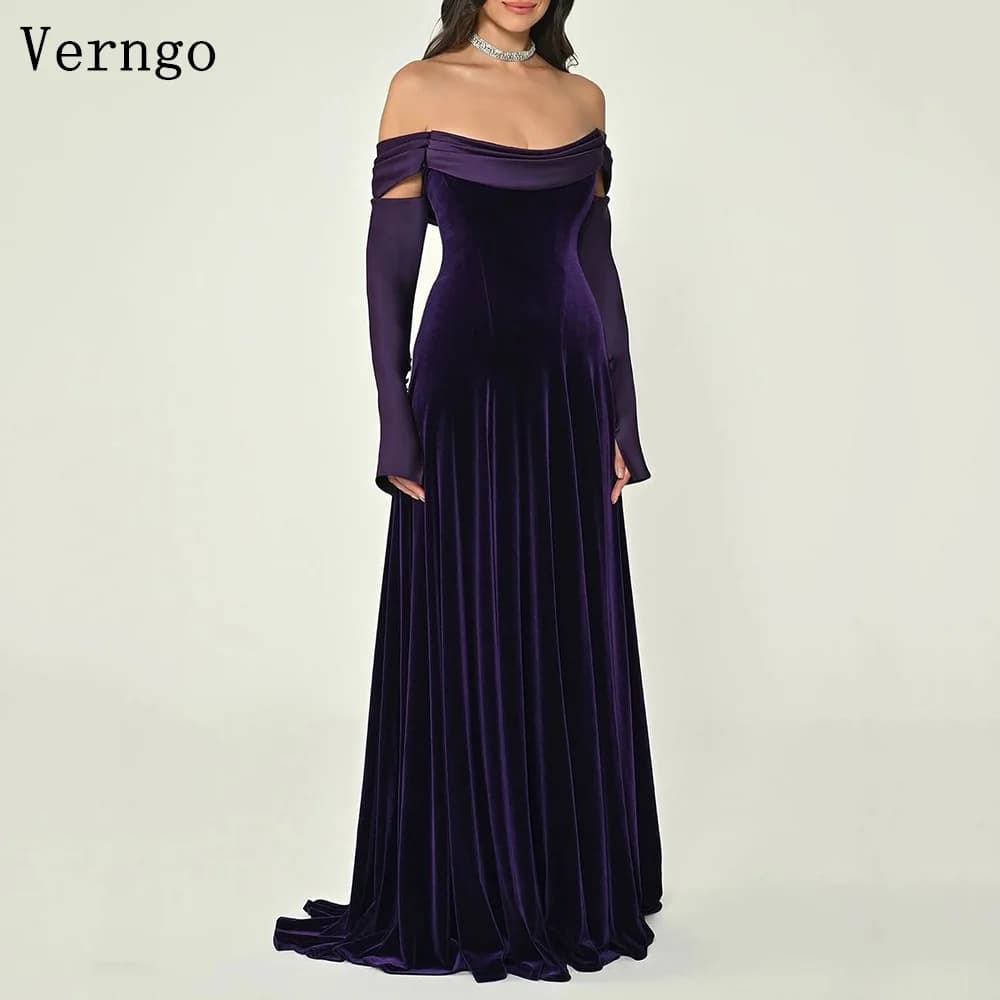 Verngo Purple Velvet Prom Gowns Off The Shoulder A Line Formal Occasion Dress Elegant Maxi Prom Party Dresses Customized