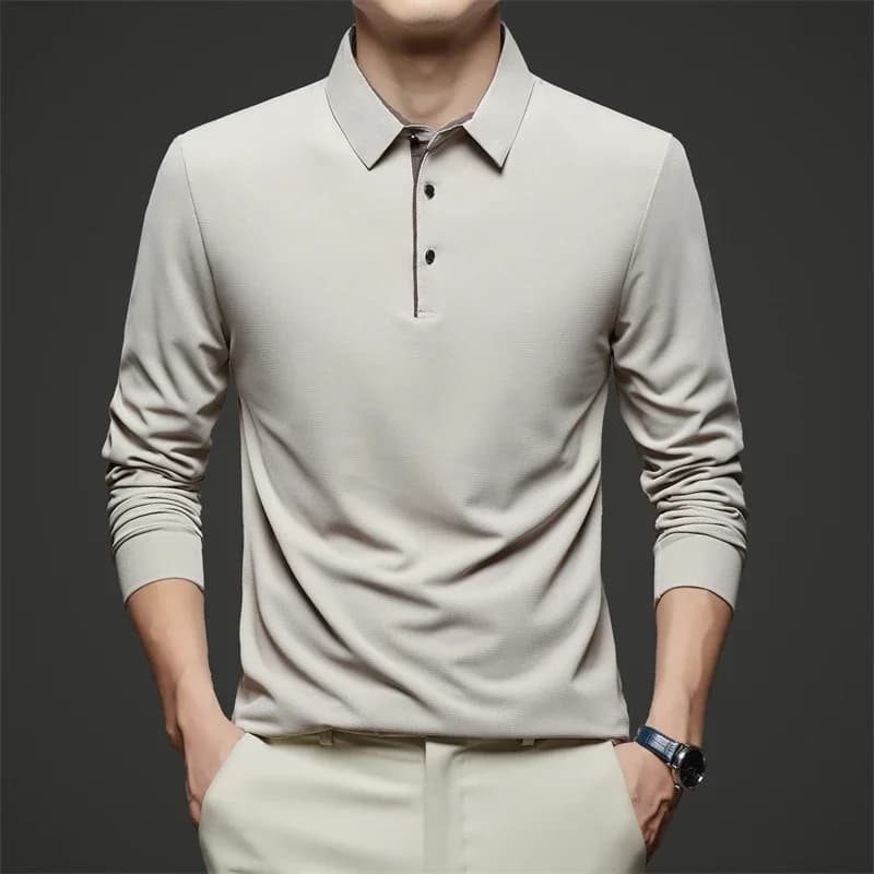 New Men's Business Casual Long Sleeve Solid Color Polo Shirt Fashionable Warm Comfortable Four Seasons Versatile Top