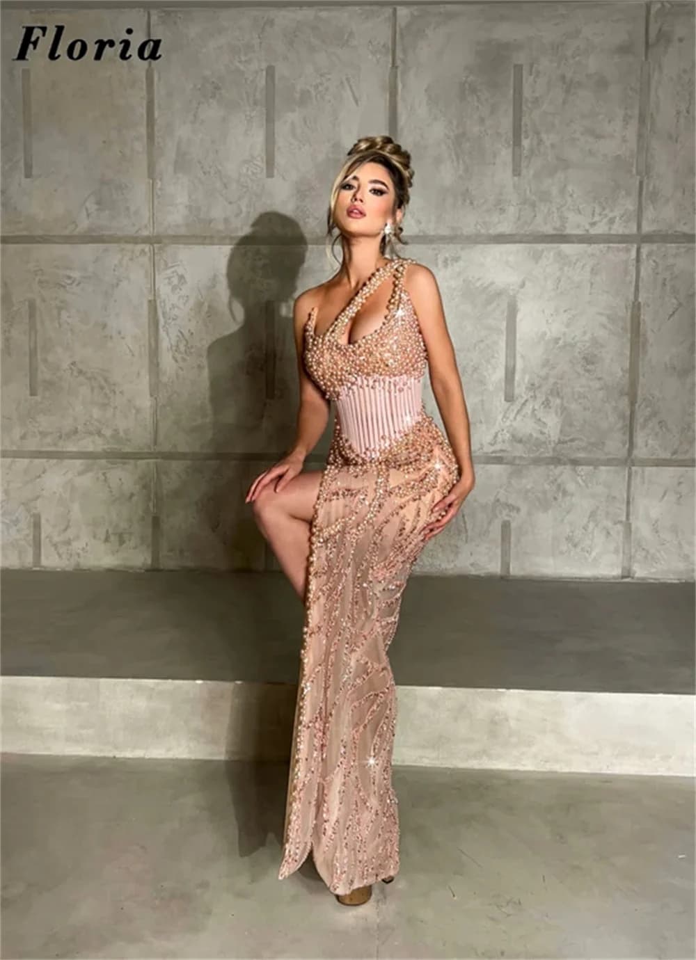 Blush Pink Pearls Evening Dresses High Split Side Formal Prom Dress Elegant Dubai Beading Women Birthday Party Gowns Customized