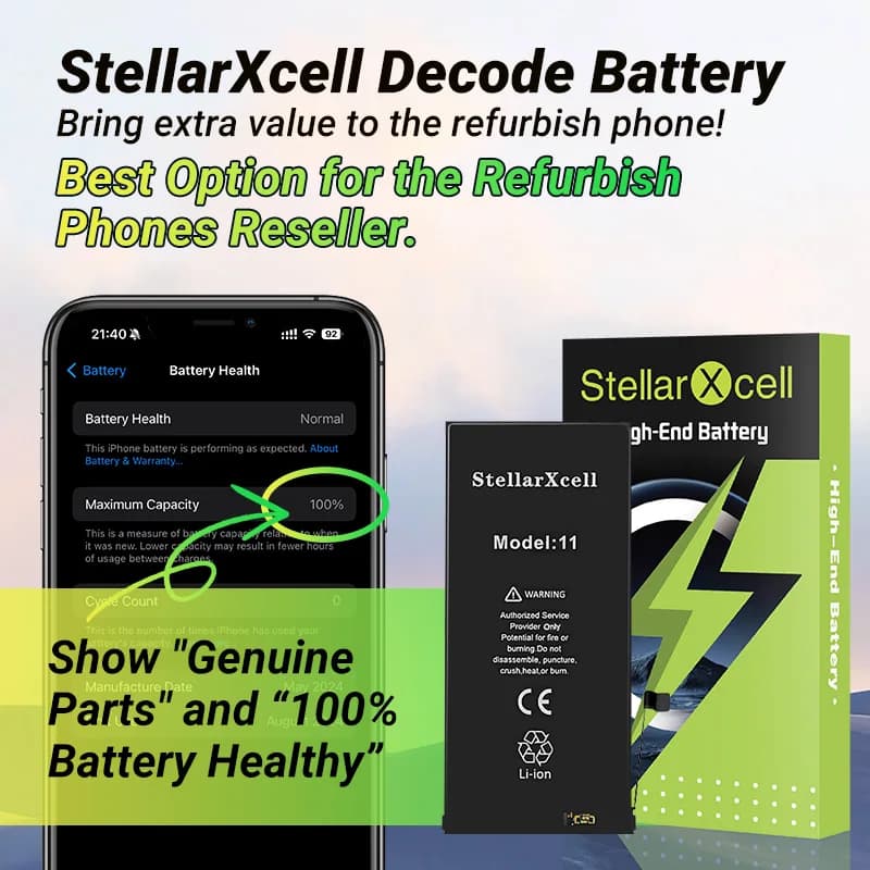 Decode Battery No important message Show 100% genuine StellarXcell Battery For iPhone 11 Pro Max 12 13 14 13 mini 15 plus