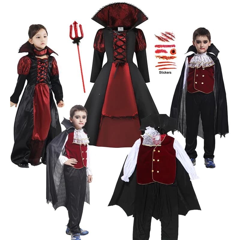 Halloween Fantasy Children's Costumes Ghost Bride Gothic Cosplay Girls Red Vampire Day of The Dead Kids Costumes for Boy Girl