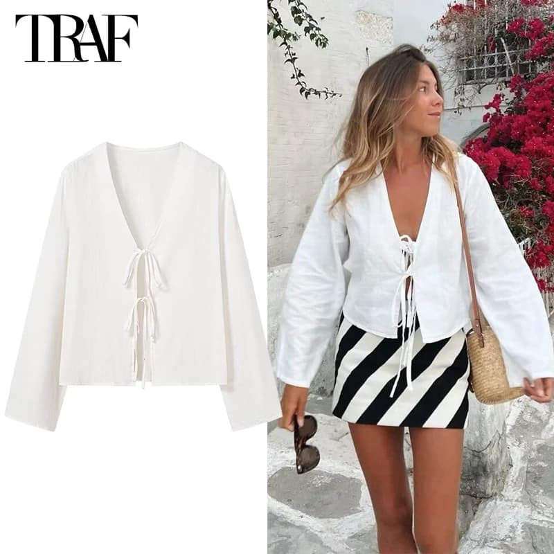 TRAF 2024 White Cropped Blouses for Women Tied Casual Shirts and Blouses Woman Long Sleeve Crop Top Female Summer Beach Blouses