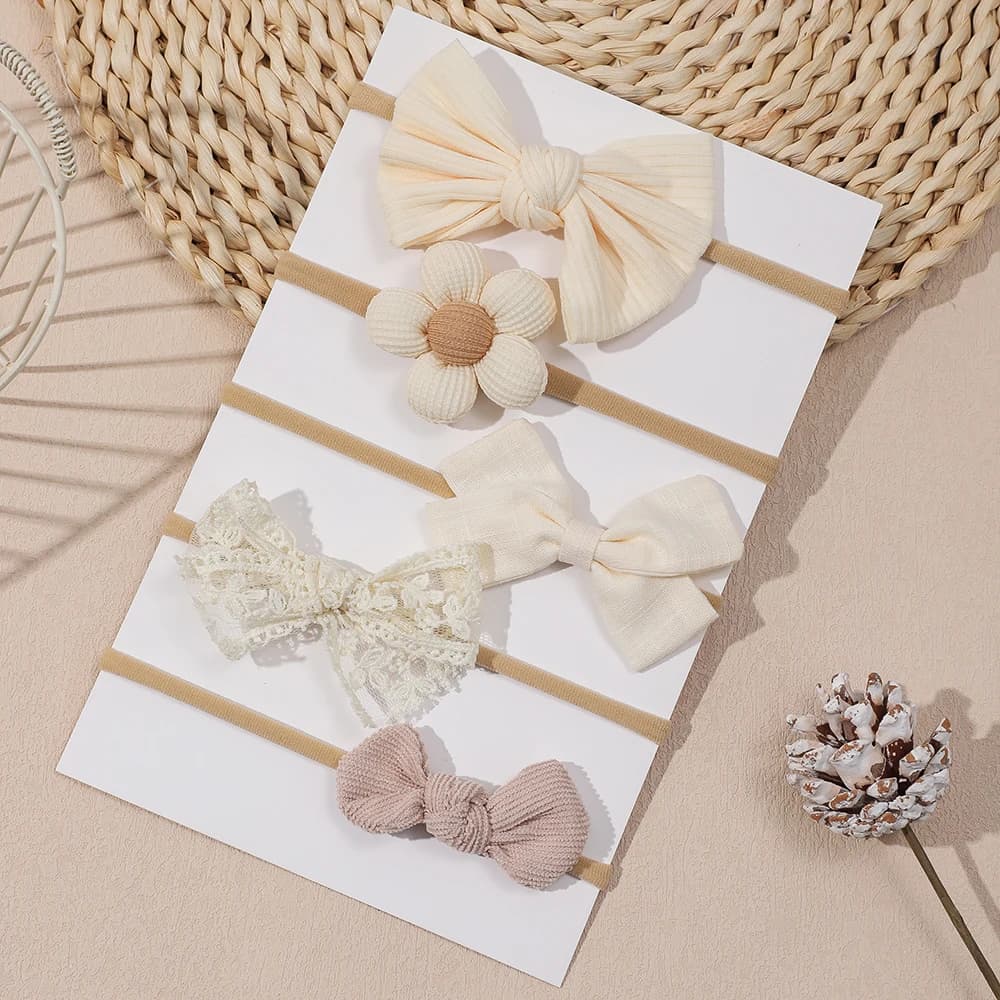5Pcs/Set Baby Elastic Headband Newborn Apricot Flower Bow Nylon Hair Bands for Girls Infant Toddler Soft Hair Accessories Gift