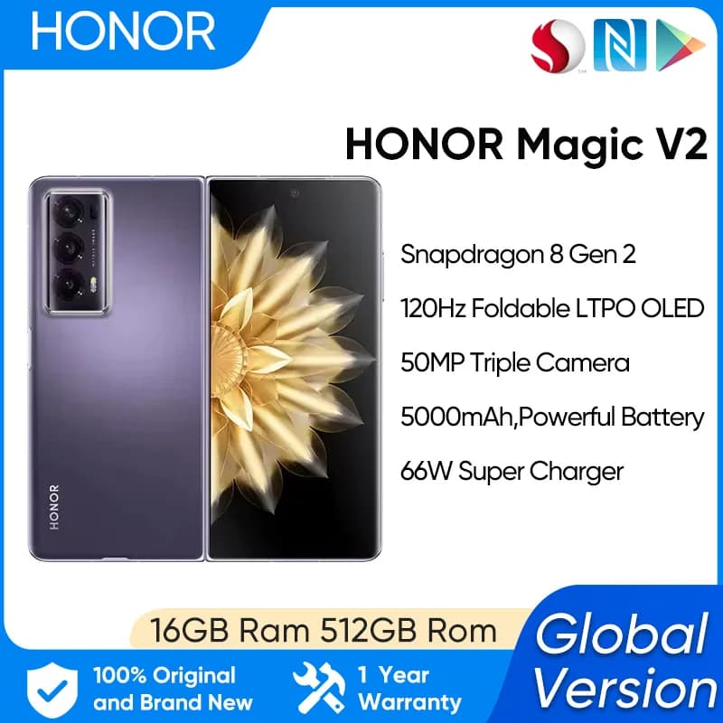 Honor Magic V2 5G Foldable LTPO Global Version 7.92" OLED 120Hz Display Snapdragon 8 Gen 2 66W SuperCharge 5000mAh Battery NFC