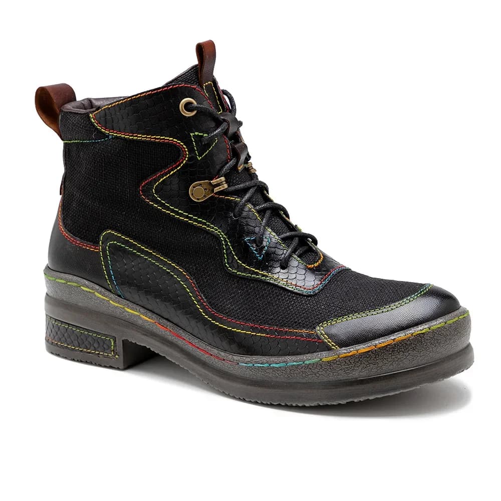 Print Shoes Women Boots Genuine Leather Round Toe Ethnic 2024 New Autumn Winter Sewing Handmade Retro Platform Boots