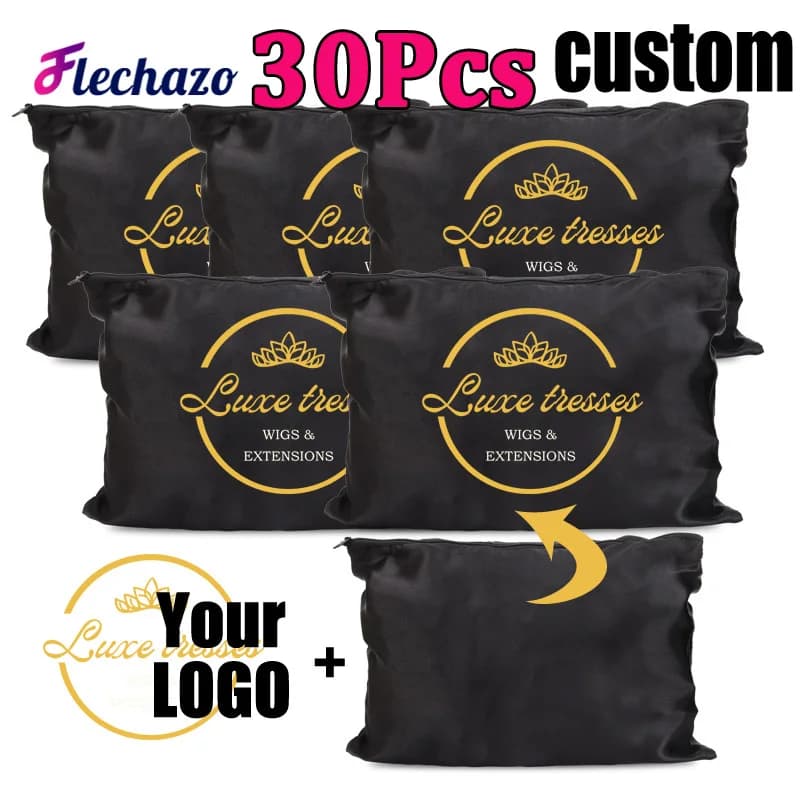 Logo Printed Hair Packaging Bag 30Pcs Hair Bundles Silk Satin Bags Wig Storage Bag With Zipper