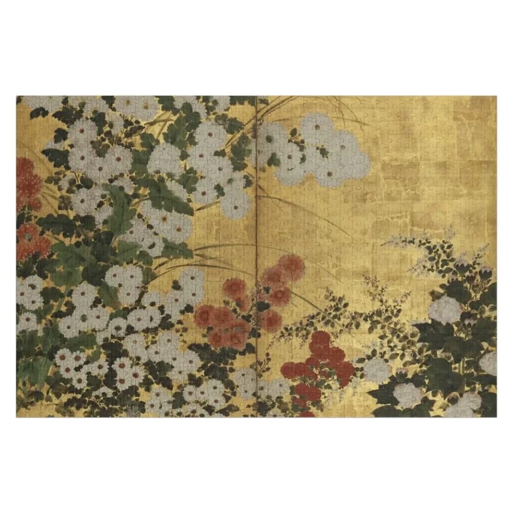 White Red Chrysanthemums Floral Japanese Gold Screen Print Jigsaw Puzzle Works Of Art Puzzle