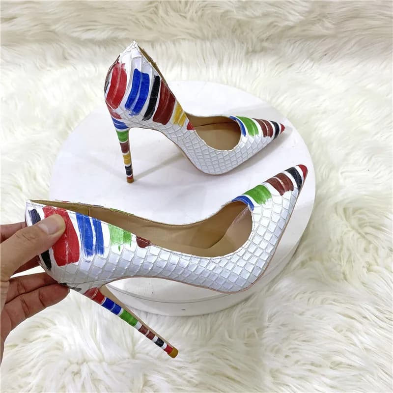 Sexy Watercolour Painting Stone Leather Pumps Shallow Slip On Pointed Toe Colorful Drawing High Heels Woman Banquet Shoes