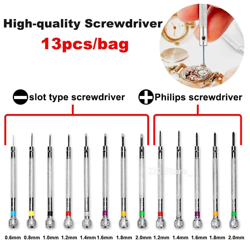 0.8-2.0mm Steel Screwdriver for Watch Repairing Portable Watch Tools Band Removal with Mini Link Pins Watchmaker Tools 13pcs/bag