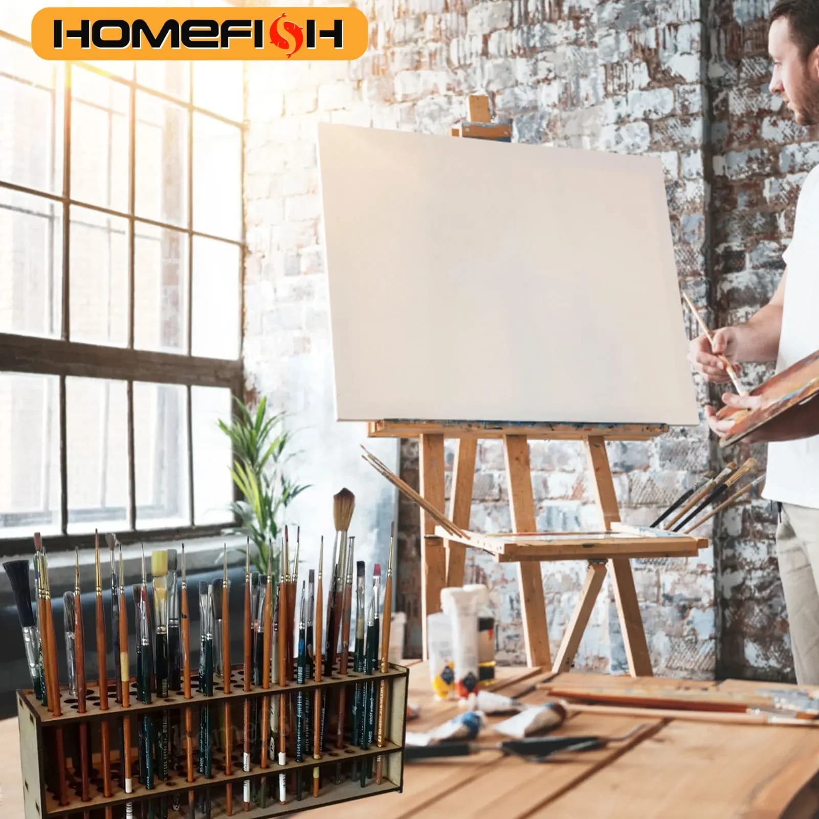 67 Holes Paintbrush Holder Stand Wooden Paint Brush Stand Desk Organizer Wall Mounted Makeup Brush Shelf For Painting Supplies