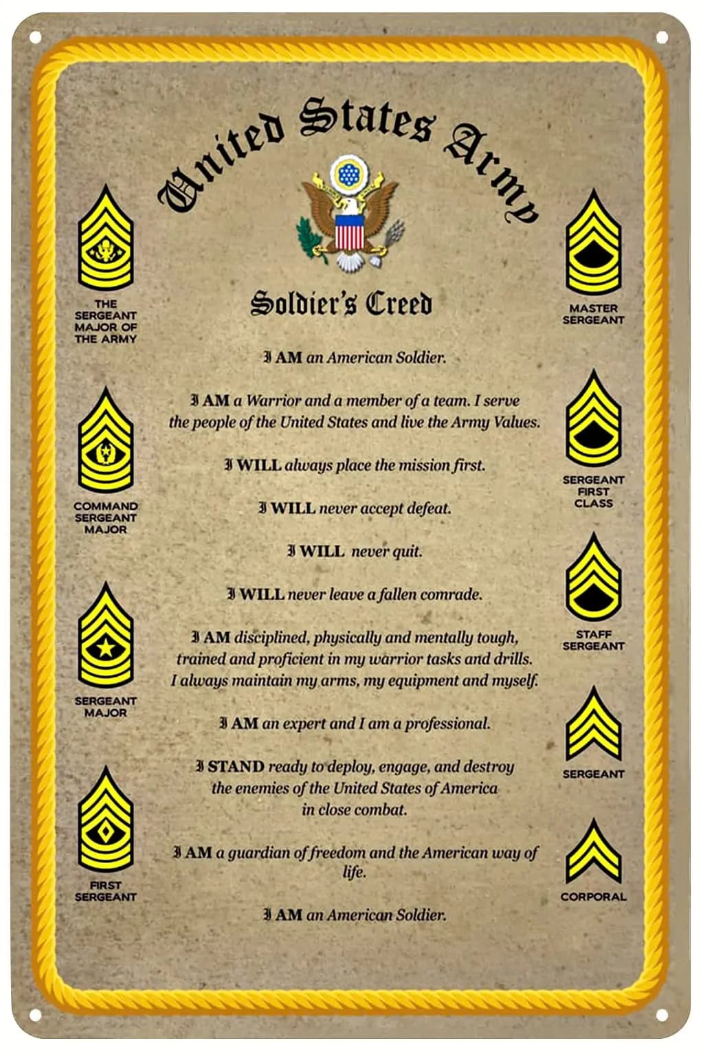 Vintage Metal Signs Military Rank Tin Sign US Army Soldier;s Creed Poster Wall Art Decor Plaque for Home Bar Cafe Club Office Li