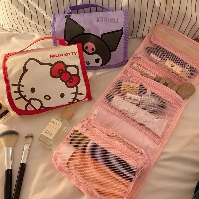 Sanrio Hello Kitty Foldable Makeup Bag Kuromi Cinnamoroll Melody Cosmetic Toiletry Storage Organizer Bag Anime Travel Handbag