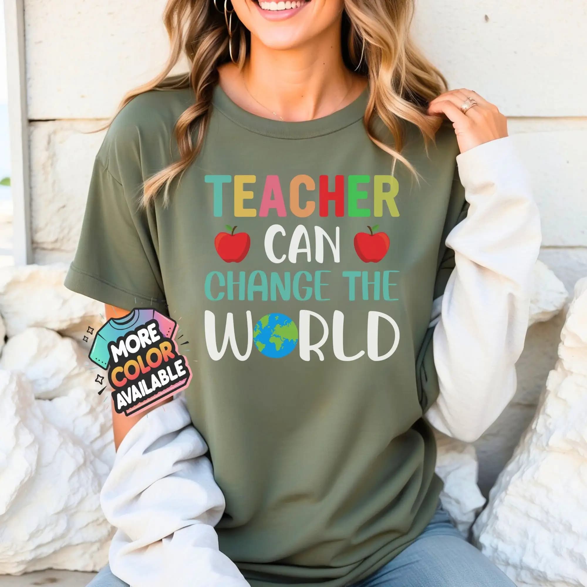 Inspirational Teacher T Shirt Colorful Change The World With Apples And Earth