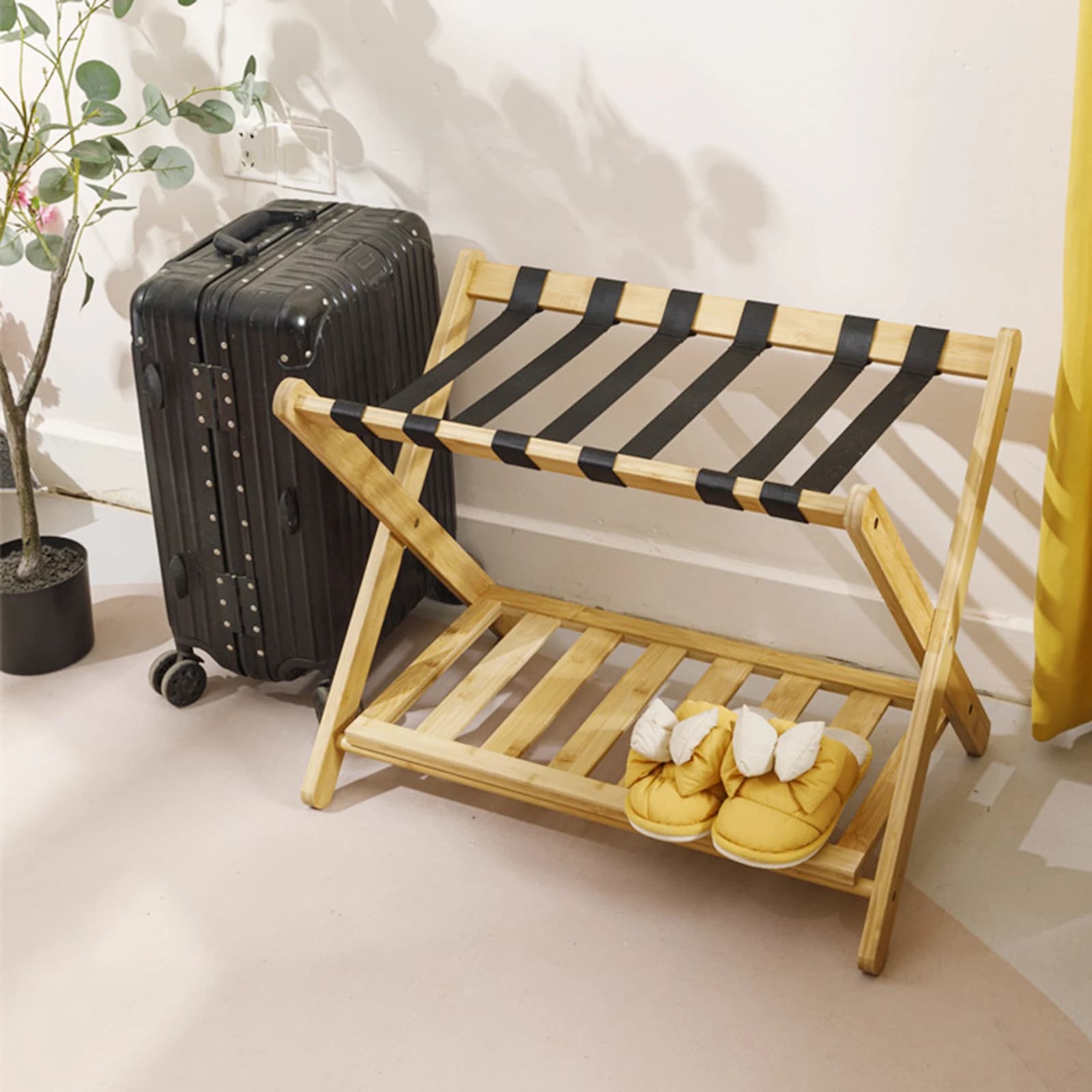 Luggage Rack with Storage Shelf Heavy Duty Bamboo Suitcase Stand Foldable Portable for Bedroom Hotel