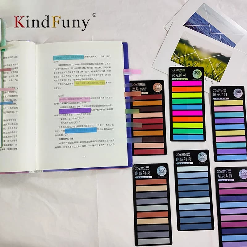 KindFuny 200 Sheets Stationery Sticky Notes Self-Adhesive Annotation Read Books Bookmarks Tabs Notepad Aesthetic