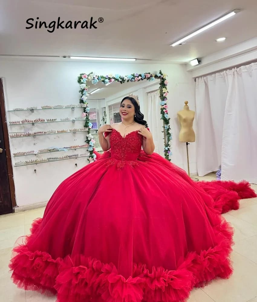 Luxury Red Princess Ball Gown Quinceañera Dresses 2024 Bead Crystals Ruffles Birthday Party For 15th Girls Lace-up Customized