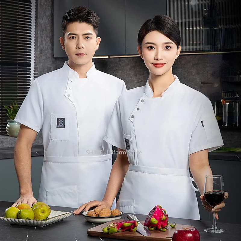 Men Chef Jacket black uniform short sleeve Chef coat apron work clothes logo Chef shorts Summer Breathable Restaurant Kitchen