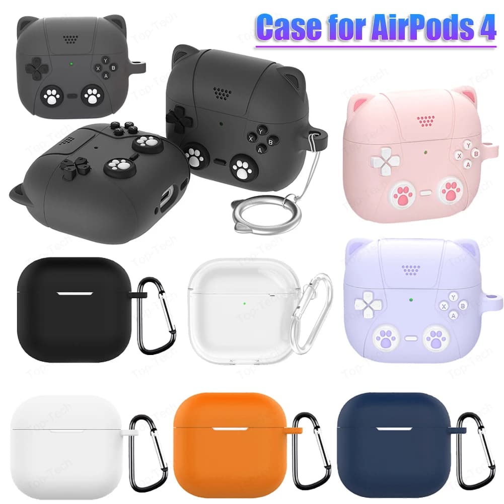 Silicone Case for AirPods 4 Bluetooth Earphones Protective Cover with Carabiner Earbud Case Skin Protector Headset Accessories