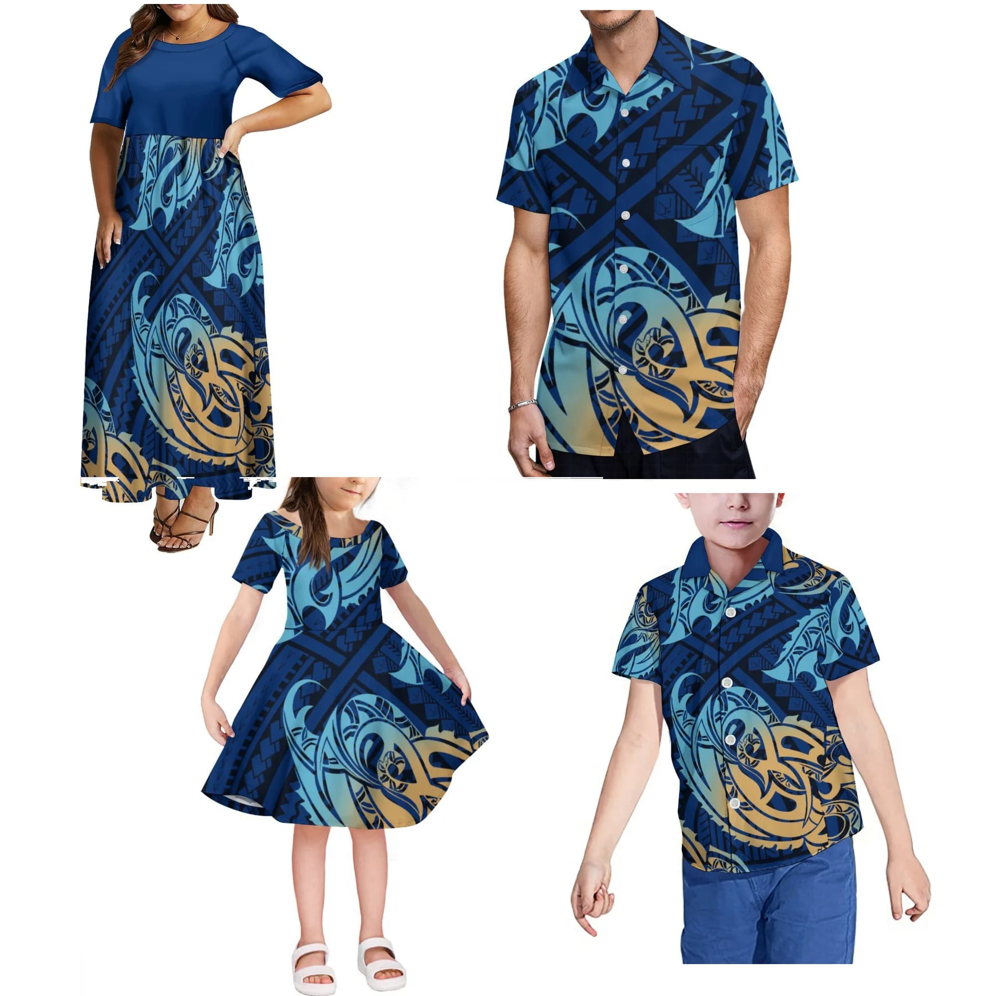 Fashion Women'S Short Sleeve Dress Girls Dress Matching Men'S Children'S Shirt Polynesian Tribal Style Family Set Vacation Set