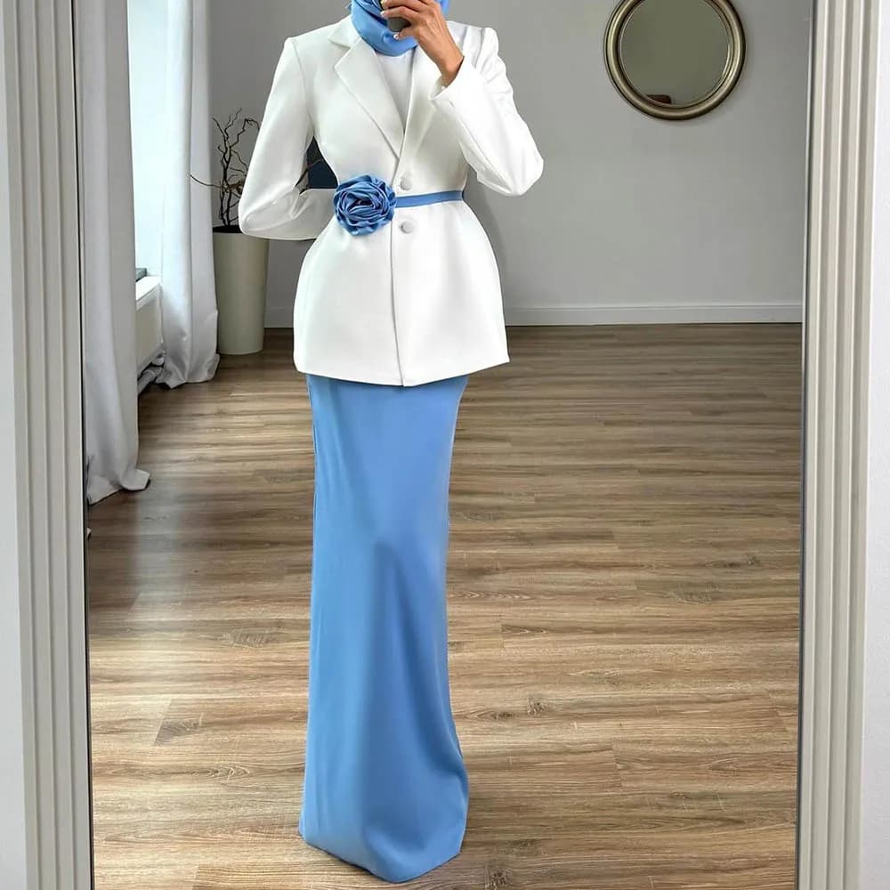 Formal Prom Dresses White Blazer with Blue Skirt 2 Piece Flowers Gowns Elegant Female Casual Outerwear Simple Evening Dress