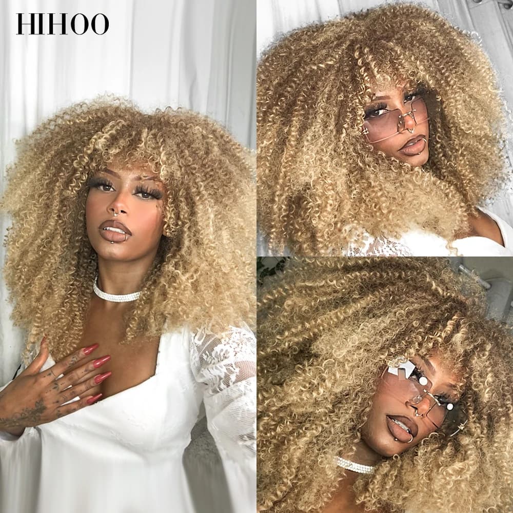 Short Hair Blonde Wigs Afro Kinky Curly Wig With Bangs For Black Women Cosplay Lolita Synthetic Natural Brown Mixed