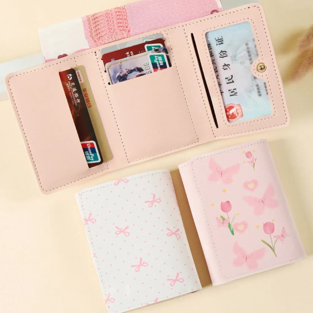 Cute Bowknot Wallet Women Sweet Pink Color Floral Purse Card Holder for Girl Portable Travel Cash Coin Photo Card Bag