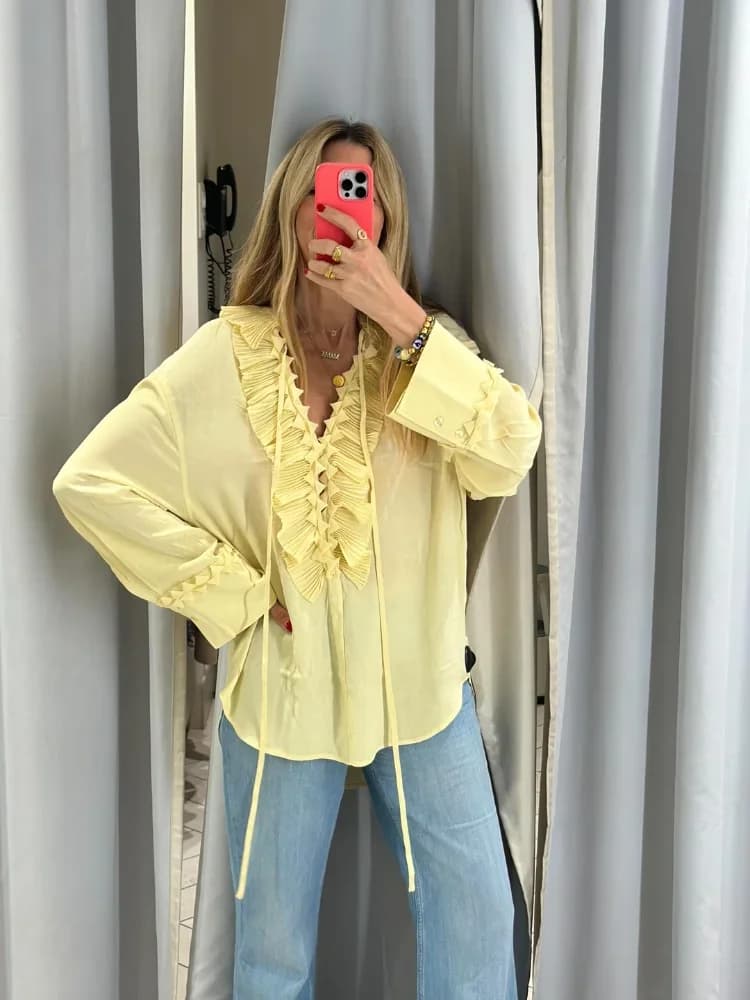 2025 New Ruffled Solid Lace Up Shirt Elegant Full Sleeve Loose Lotus Leaf Edge Blouse Spring Fashion Tops Lady Chic Streetwear