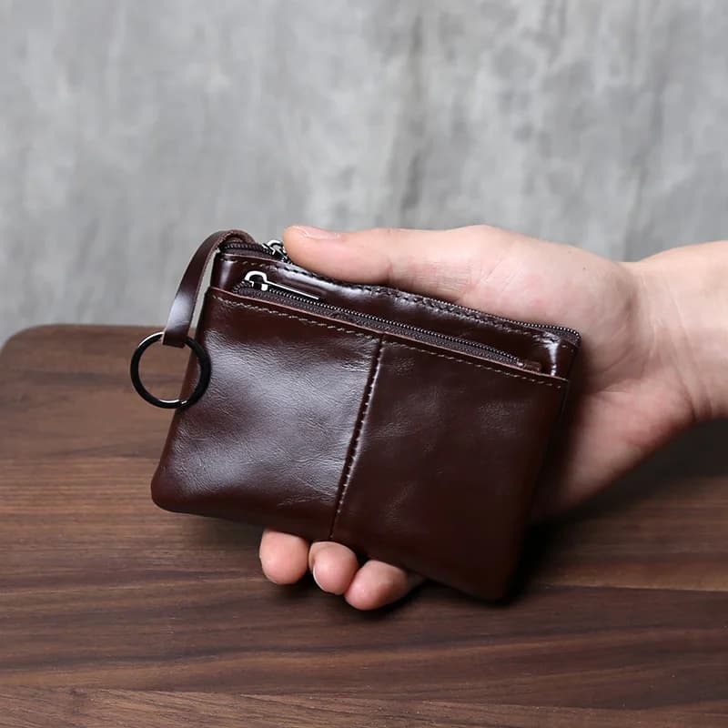 Handmade Genuine Leather Small Wallet, Business Card Bag, Top Layer, Cowhide Simple Zipper, Driver's License Bag, Bus Card Bag