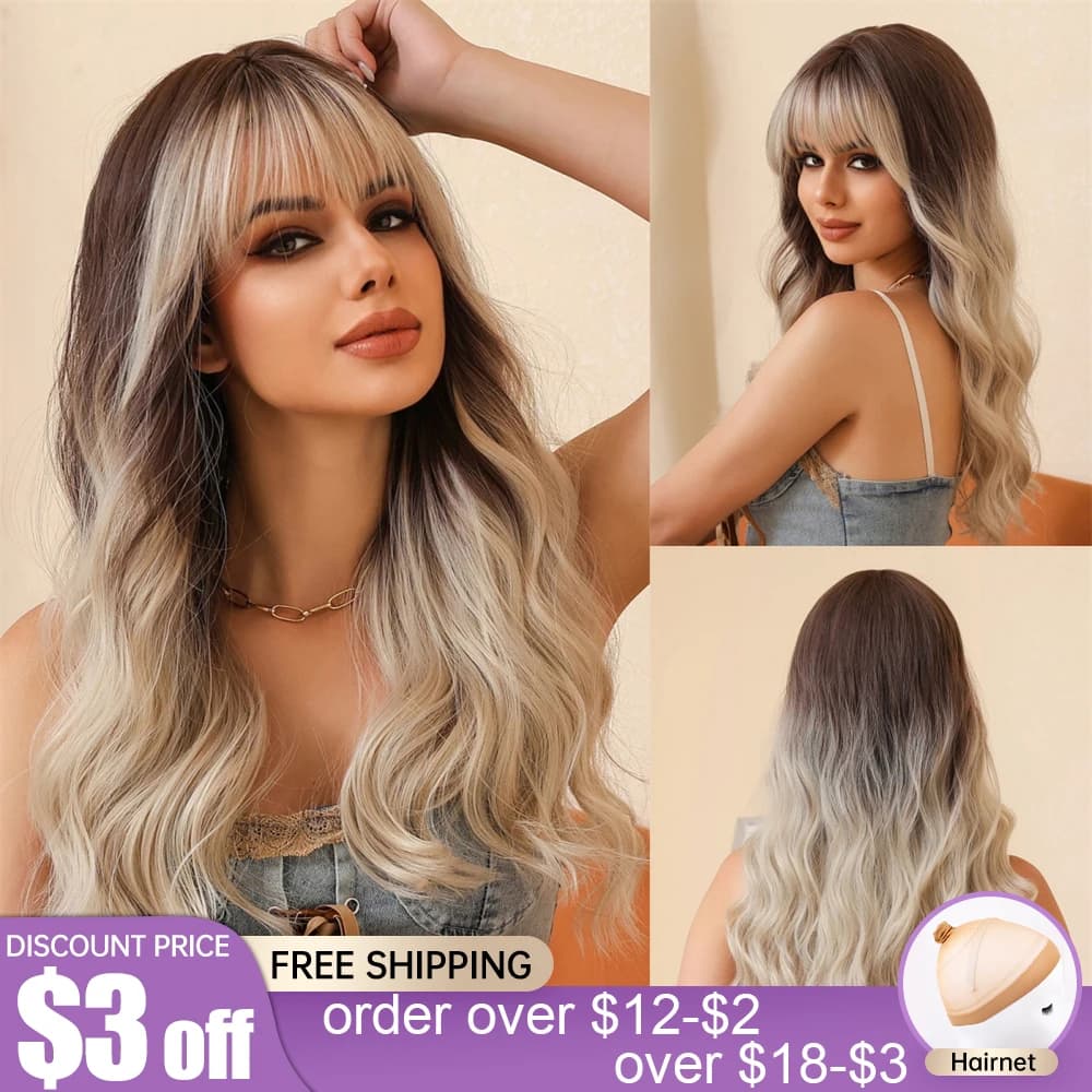 EASIHAIR Long Synthetic Wigs Ombre Ash Brown Blonde Curly Wave Wig with Bangs for Women Daily Cosplay Party use Heat Resistant