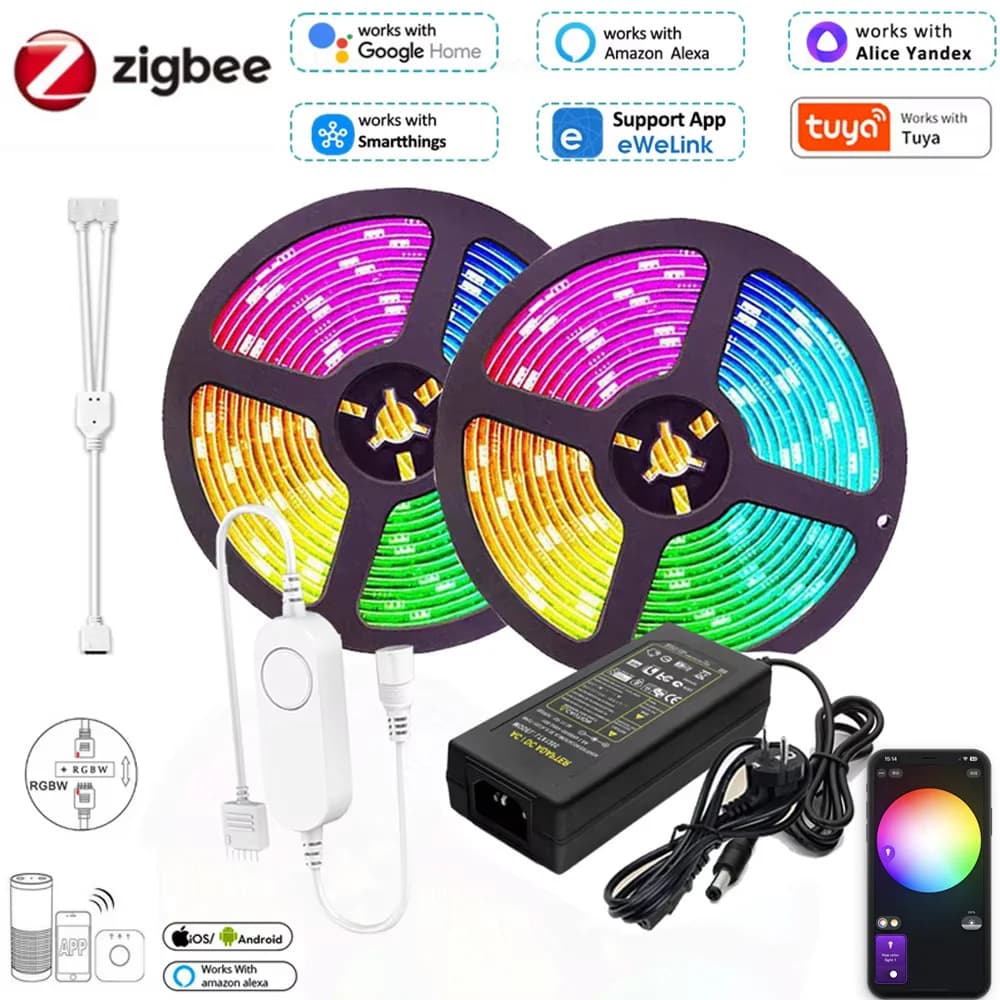 Zigbee 3.0 Smart LED Controller DC12V 5M 10M 5050 RGBW RGBWW LED Strip Light LED Flexible Strip Tuya App for Smartthings Alexa