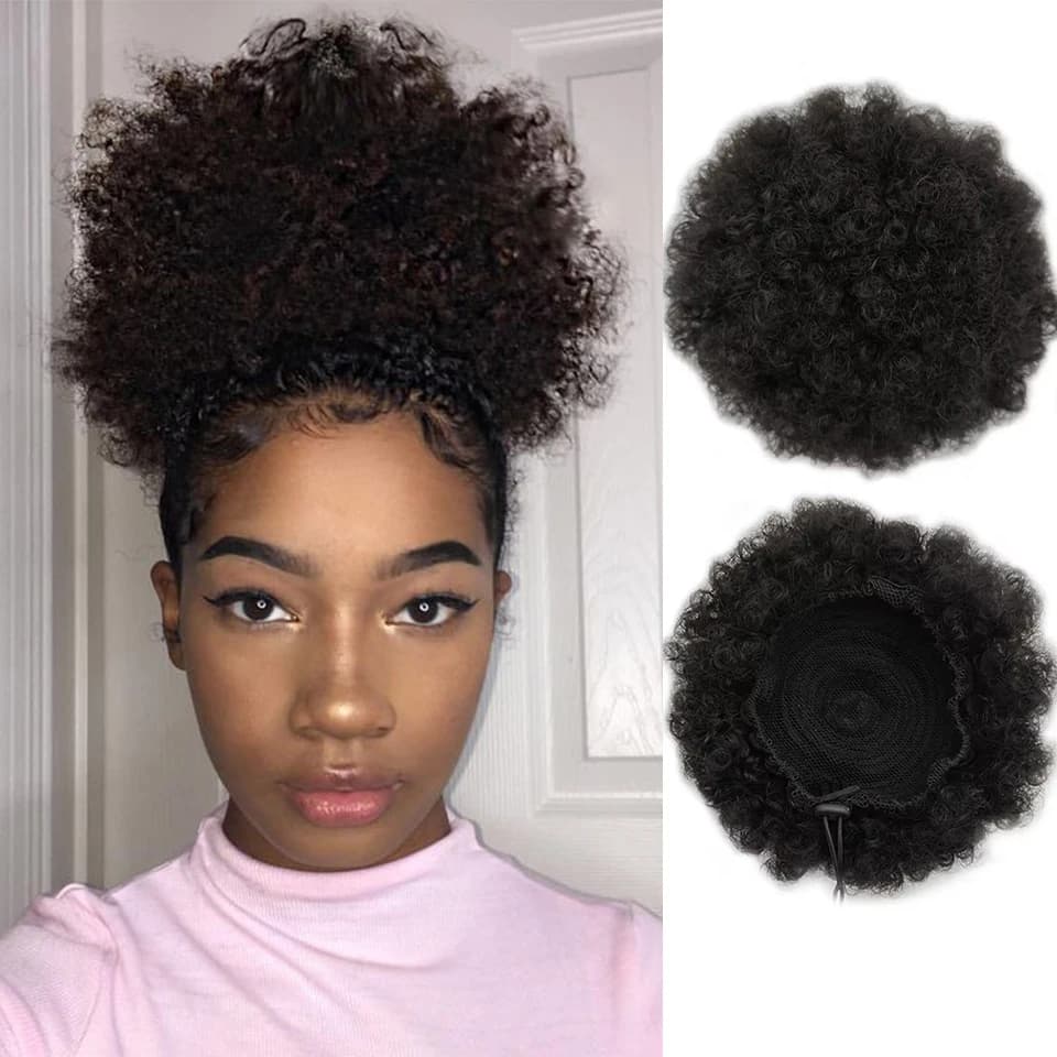 100% Human Hair Afro Kinky Puffs Drawstring Ponytail Extensions for Black Women 4# 99J 30# Kinky Curly Afro Puff Dount Chignon