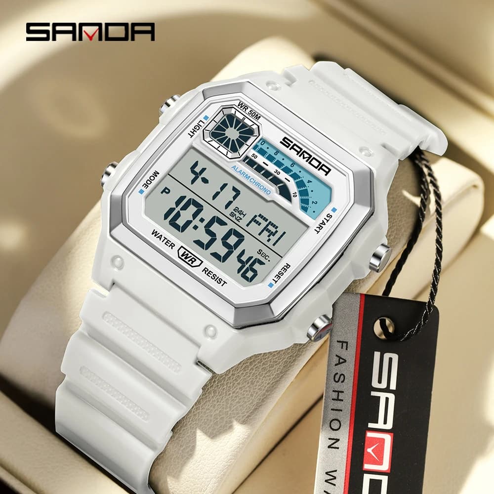 SANDA 6196 Men Electronic Watches Round Square Fashion Luminous Stainless Steel Strap Arabic Tidal Worship Male Wrist Watch