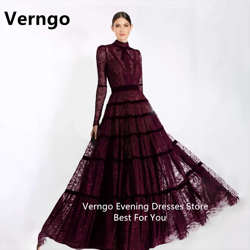 Verngo Dark Red Lace Party Dress For Women High Neck A Line Prom Gowns Countercandy Elegant Formal Dress Outfit Customized