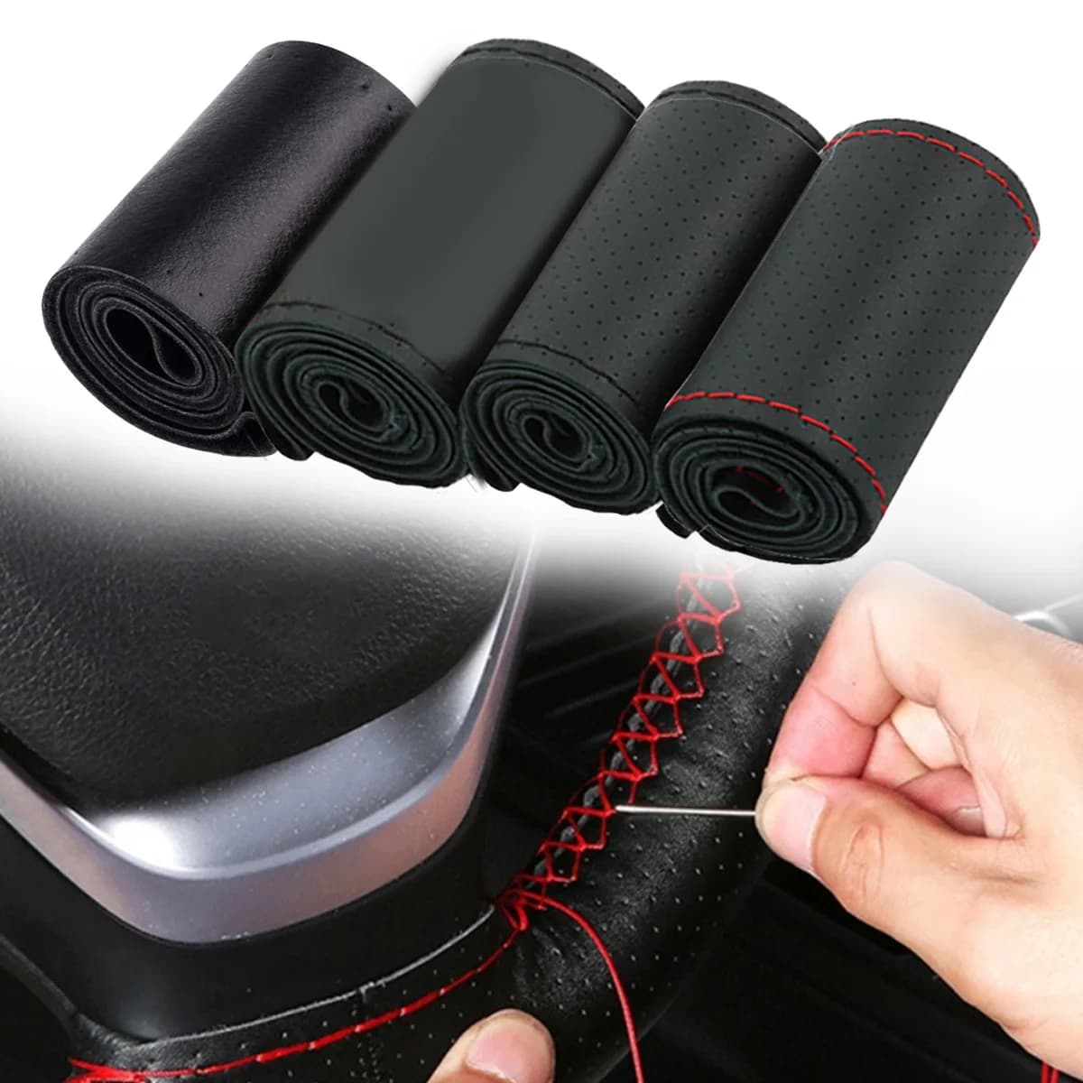 Car Steering Wheel Cover Needles And Braid Thread Artificial Leather Car Covers Suite DIY Texture Soft Auto Accessories