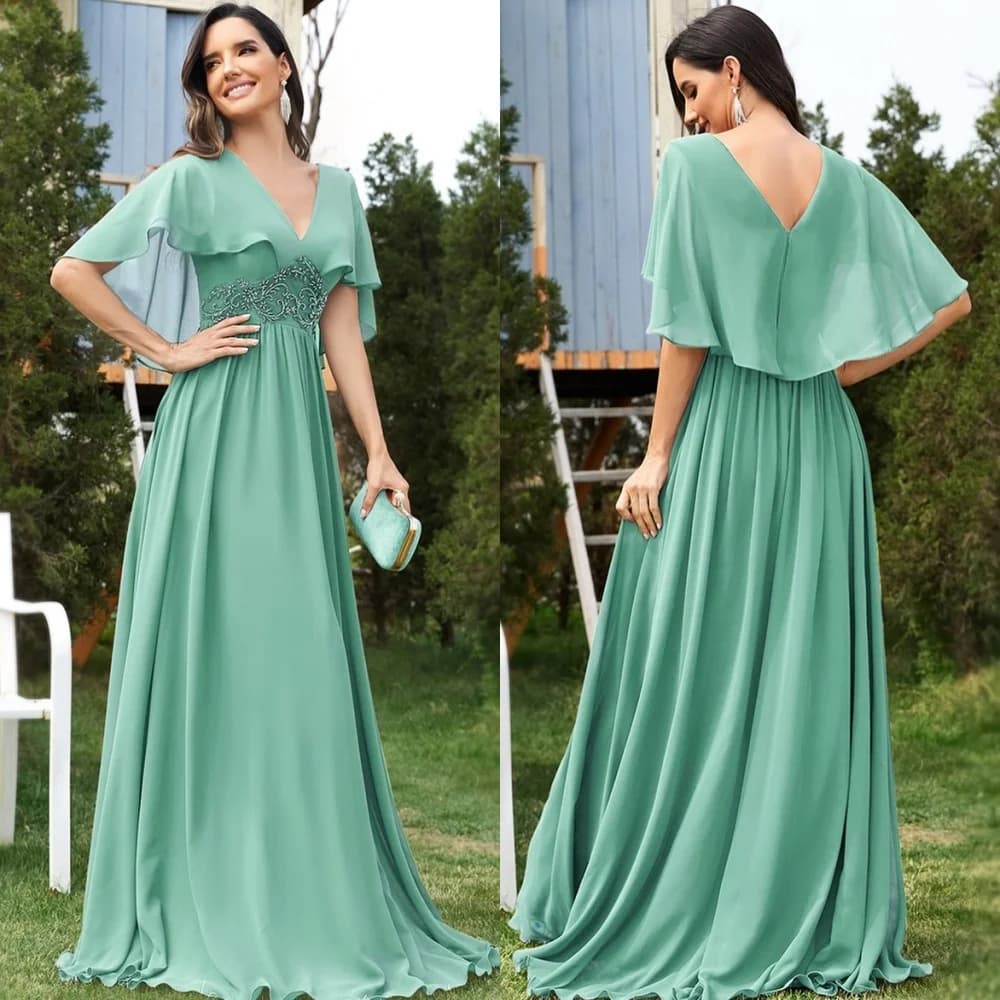 Customized Sparkle Exquisite Chiffon Sequined Ruched Prom A-line V-neck Bespoke Occasion Gown Long Dresses