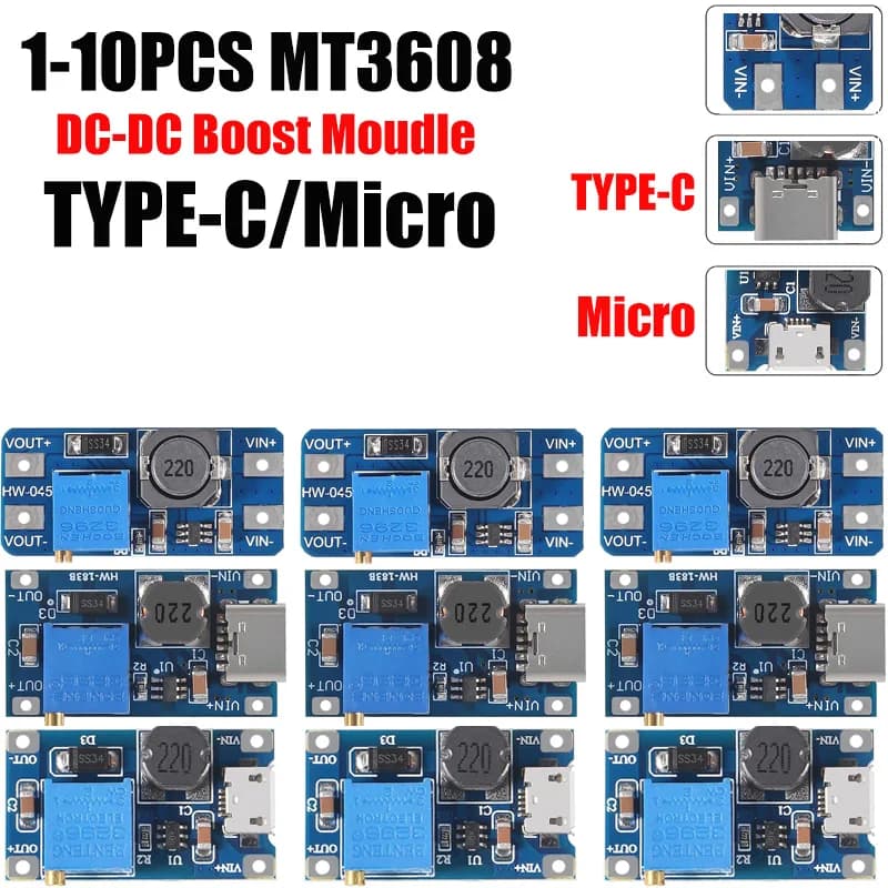 1-10PCS MT3608 Adjustable Step Up Module Voltage Regulator Micro/TYPE-C Plug 2V-24V to 5V-28V 2A Step-Up DC-DC Boost Converter