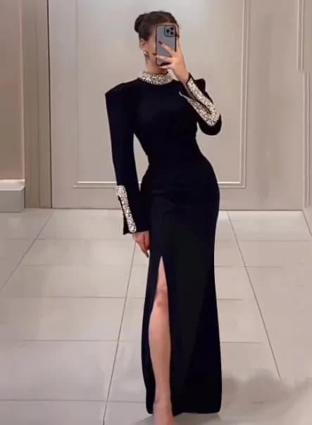 GORAFASHION Women's 2024 Black Long Sleeves Diamonds Tight Sexy Split Celebrity Cocktail Party Bandage Long Dress Maxi Gowns