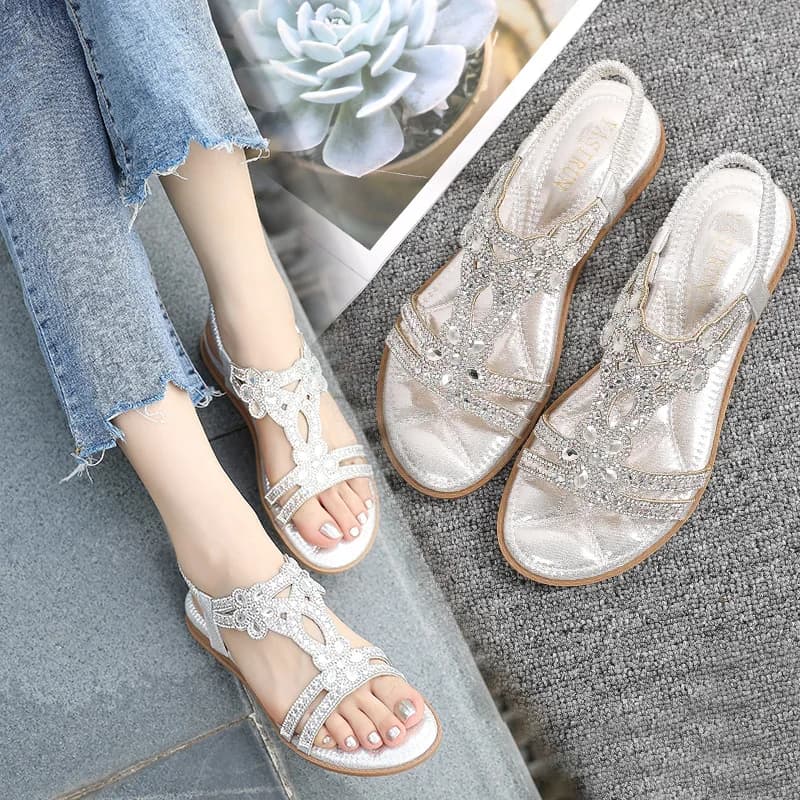 Women Flat Rhinestone Sandals Bohemian Sandals 2025 Summer New Non Slip BeachElastic Low Heels Roman Sandals Sandalias Mujer